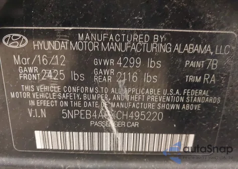 2012 Hyundai Sonata Gls z USA, uszkodzony, nr VIN 5NPEB4ACXCH495220